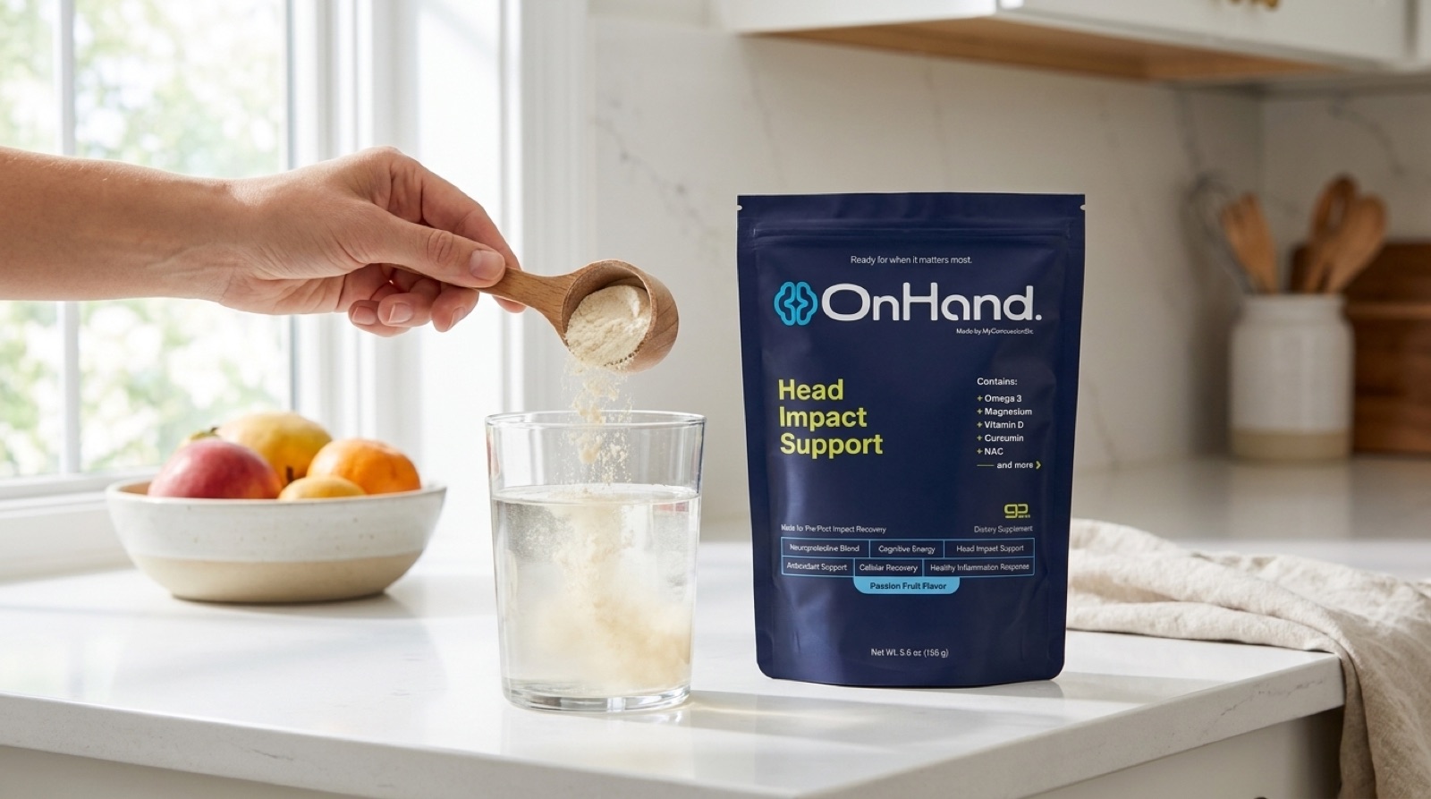 Adding a scoop of OnHand to a glass of water