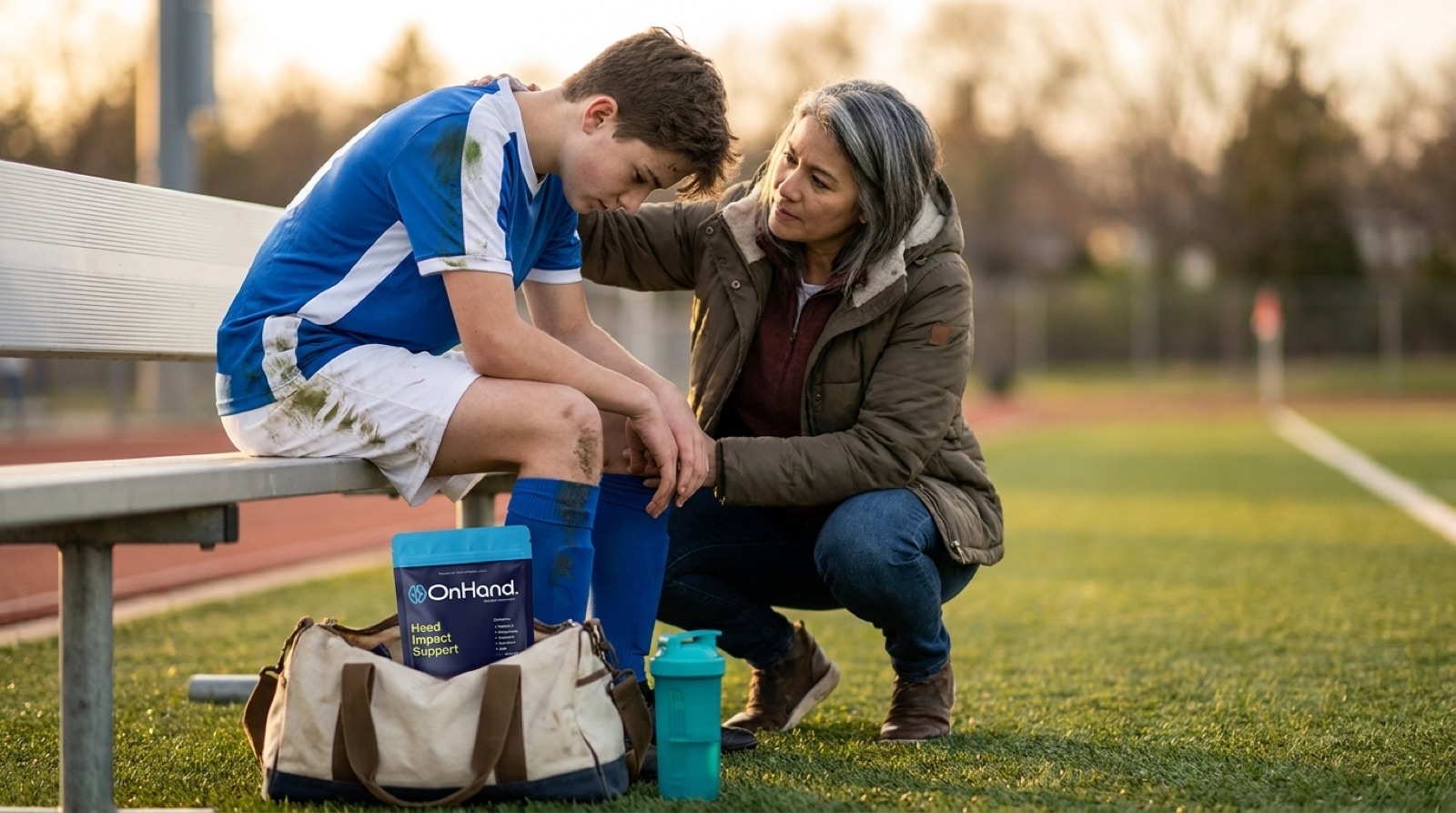 A coach supporting a young athlete on the sideline, an OnHand pouch in the bag